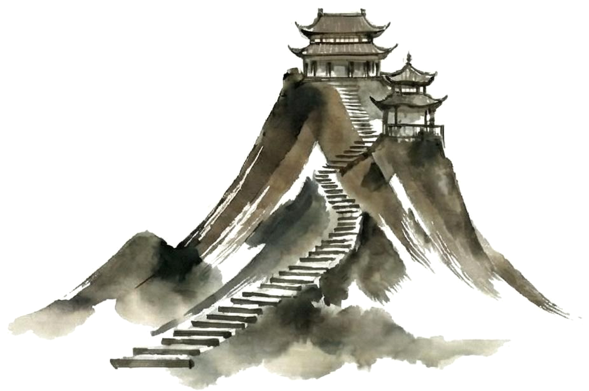 Ink-wash painting of Mount Tai: a stone stairway ascending through mist to temples at the summit